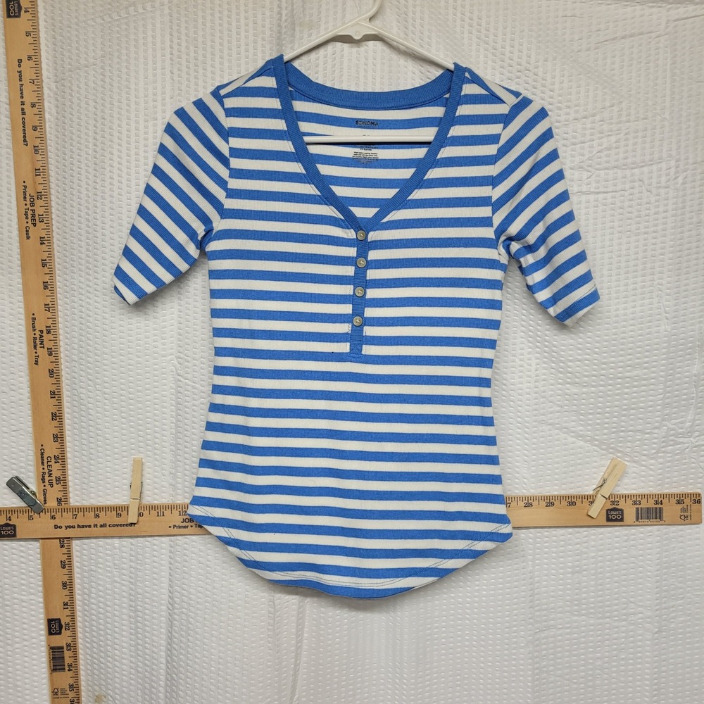 Sonoma Goods For Life Blue White Striped Ribbed Henley Top Petite Small